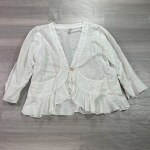 Focus Cardigan Womens Small White Ruffle Hem Open Front Flax Blend